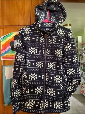 Roxy Navy Blue and White Aztec Zip-Up Hooded Fleece Jacket